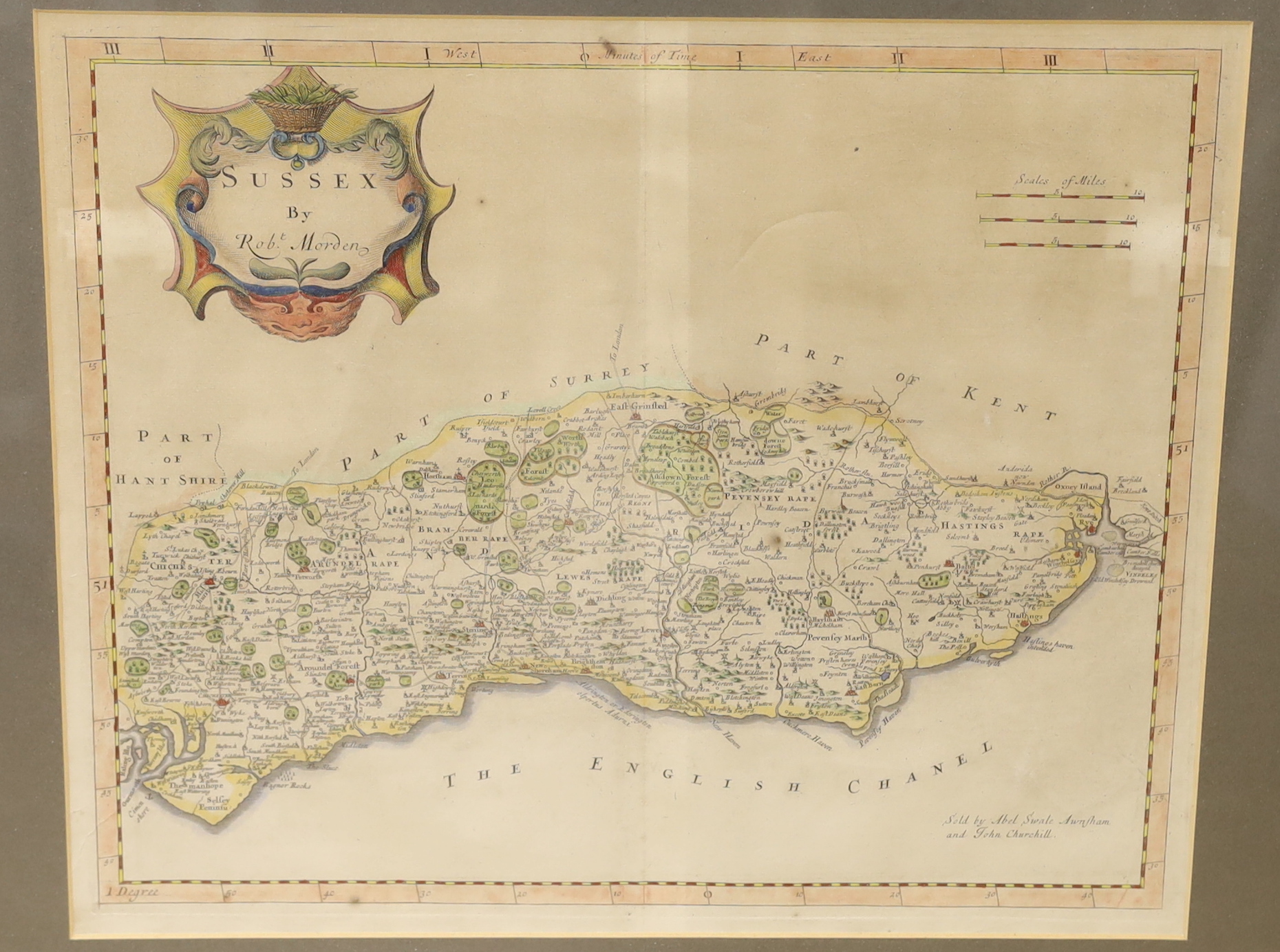 Robert Morden (1650-1703) five antique hand coloured maps, comprising Sussex, Monmouthshire, Staffordshire, Gloucestershire and Derbyshire, 35 x 42cm